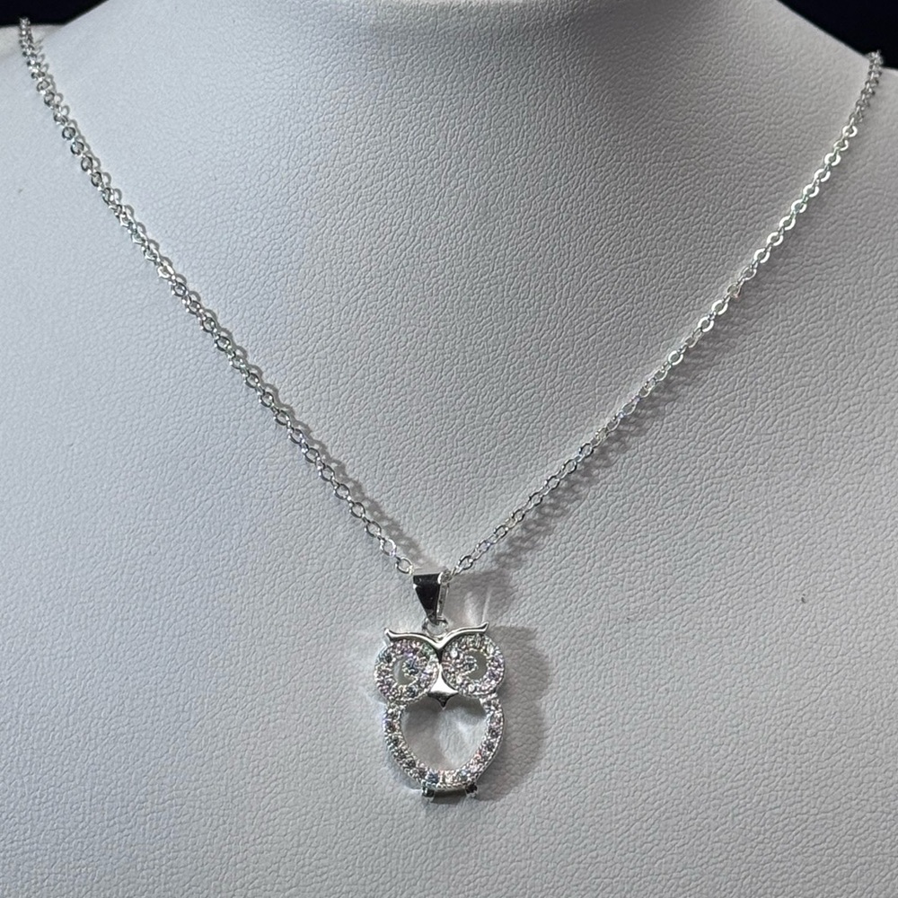 Sterling Silver Plated Crystal Owl Charm Necklace Made W/ Swarovski Crystal